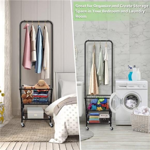 Laundry Cart with Wheels and Hanging Rack, Rolling Laundry Basket Clothes Rack - Picture 6 of 7